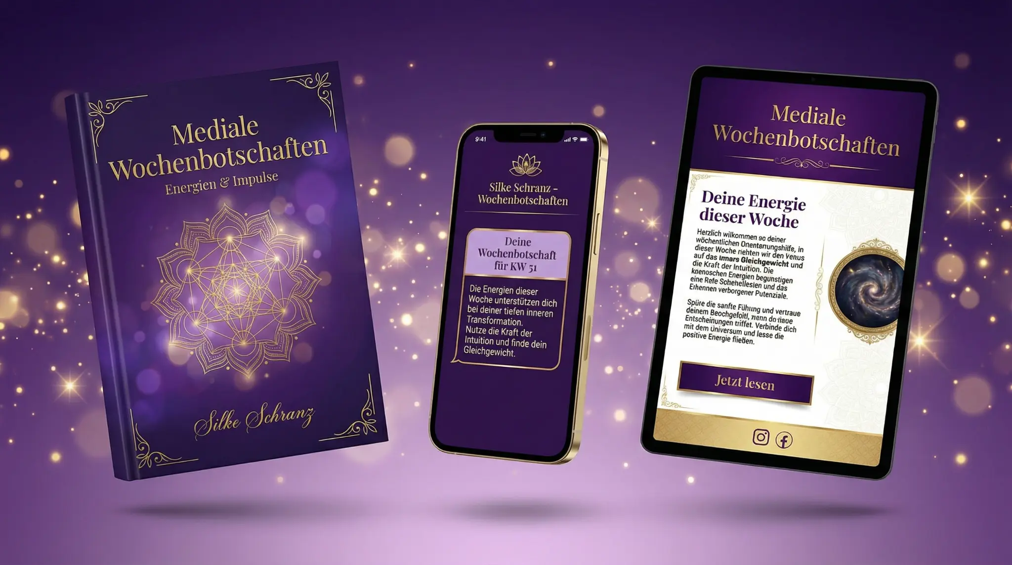 Mediale Wochenbotschaften - Buch, Smartphone und Tablet Mockup